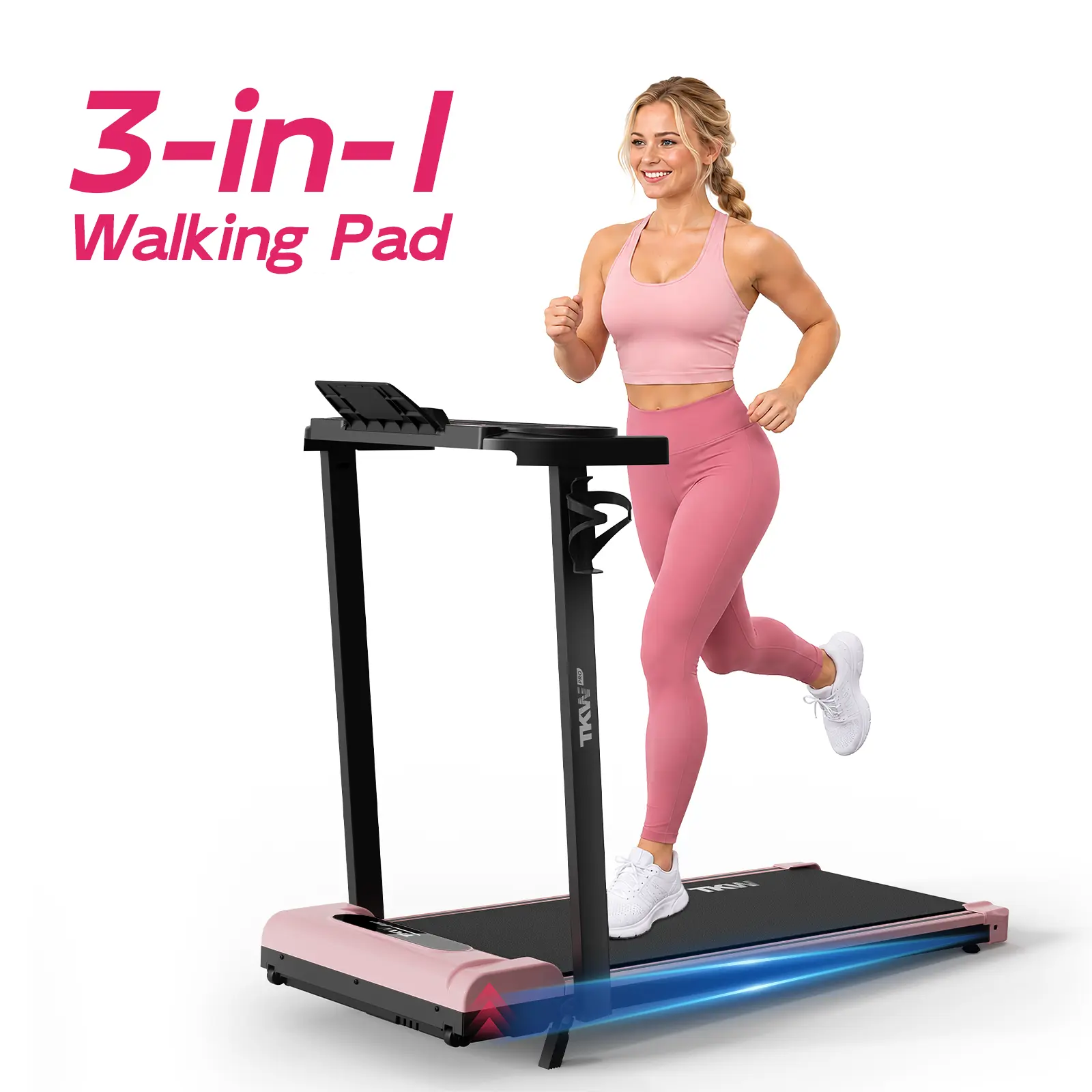 TKW 3-in-1 Handrail Walking Pad, Pink Lightweight Treadmill, Vibration Mode, Low Noise Motor, Remote Control, Wheels & LED Display