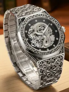 Men's Vintage Fashion Dragon Design Mechanical Watch, Round Dial Watch, Fashion Watch for Party, Daily Clothing Decor, Trendy All-match & Exquisite Watch for Birthday Gift with Box