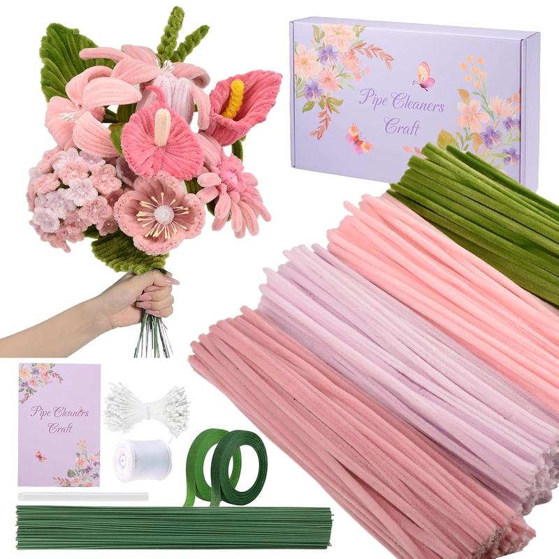 400 count Pipe Cleaners Craft Set, 4 Assorted  Pipe Cleaners Bulk, Chenille Stems for DIY Flower Making Kit with Floral Stems, Gardening Tape, Stamen, Ribbon for DIY Bouquet  ()
