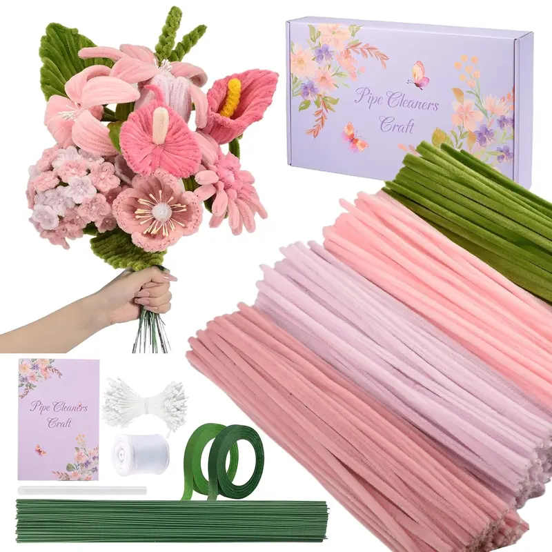 400 count Pipe Cleaners Craft Set, 4 Assorted  Pipe Cleaners Bulk, Chenille Stems for DIY Flower Making Kit with Floral Stems, Gardening Tape, Stamen, Ribbon for DIY Bouquet  ()