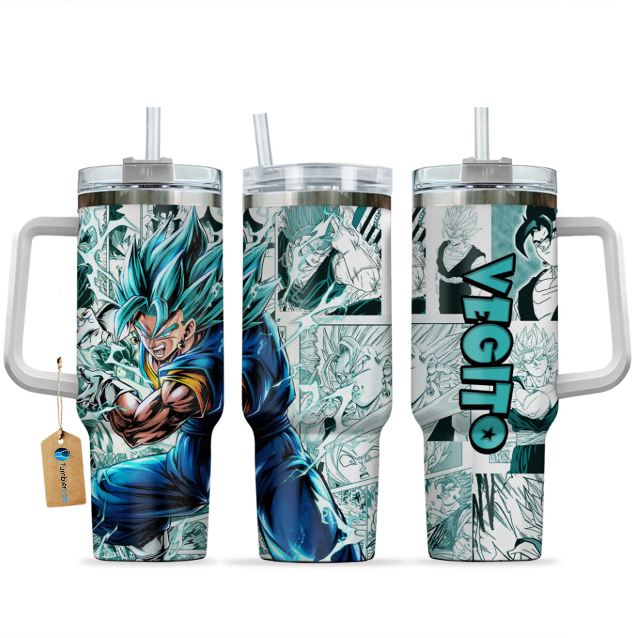 Vegetto Insulated Tumbler with Handle and Straw - 40oz Stainless Steel Travel Mug - Dragonball Gift for Fans - Double Wall Vacuum Cup for Hot/Cold Drinks, Stainless Steel Travel Mug