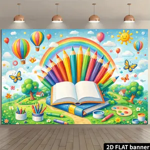 A Enormous Colored Pencil Backdrop for a 2D Picture Book, Featuring Oversized Colored Pencils Emerging from The Book, Along with Rainbows, Hot Air Balloons, And a Color Palette. Made from Thick