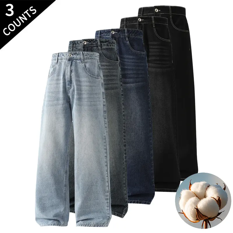Men’s 3-Pack Vintage Washed Mid-Waist Straight-Leg Jeans - Chic, Basic, Elegant Cotton-Polyester-Rayon Soft Pants, Machine Washable Casual Denim for Everyday Streetwear