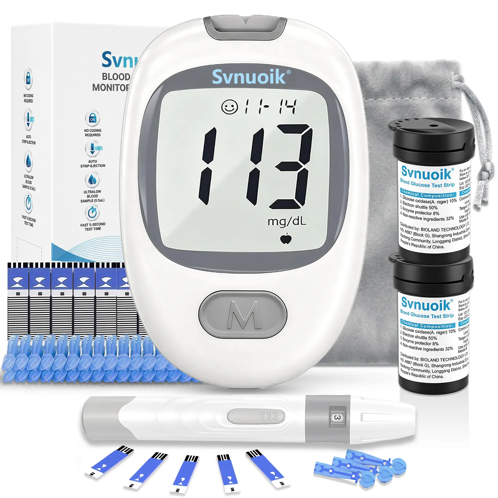 Summer Sale No Coding Blood Glucose Monitor Kit - 100 Test Strips, Lancets, Lancing Device, Travel Case - 5s Fast Results for Diabetes Testing (Medical Health Monitor Supply)