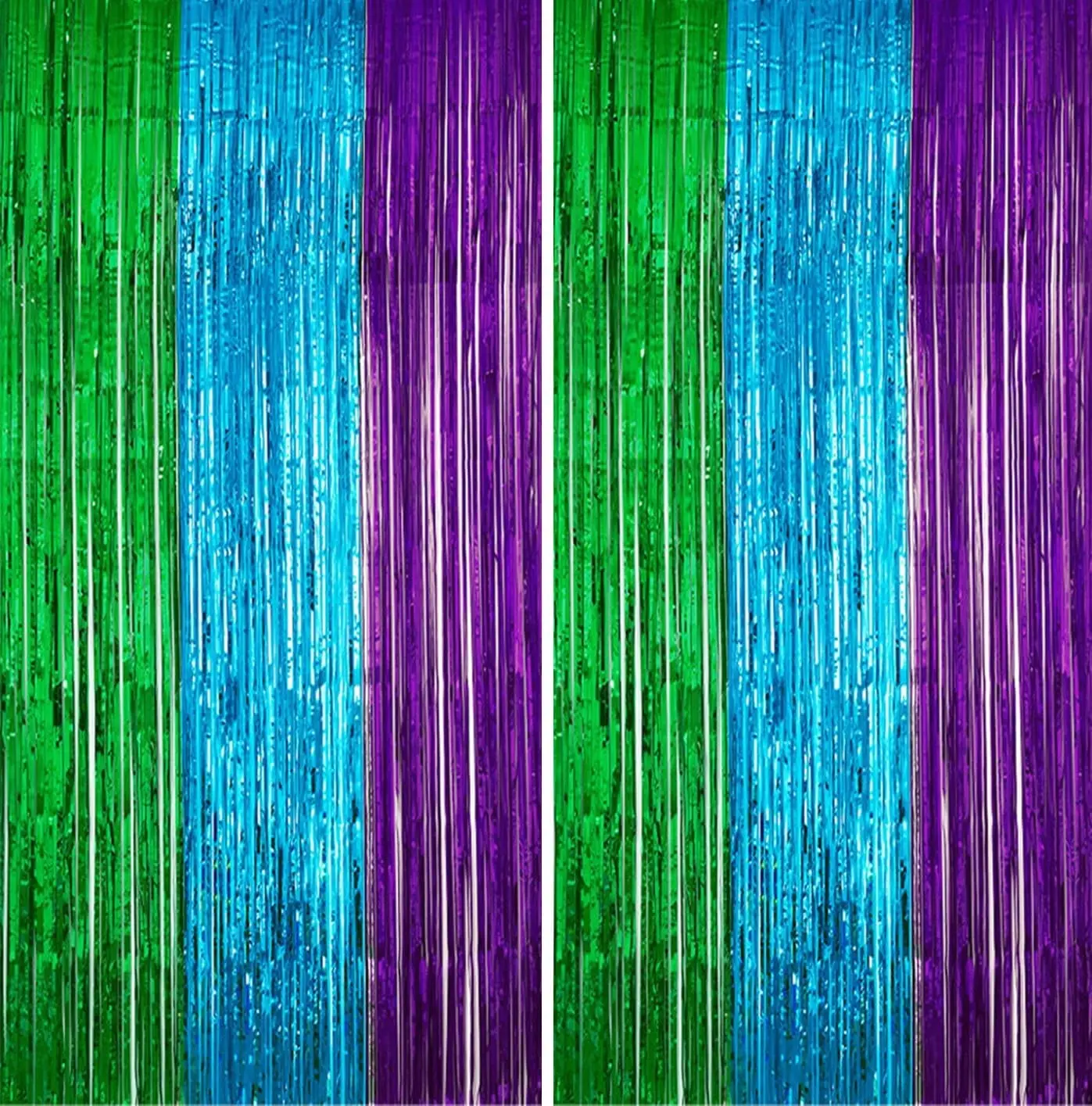 2 Pack 3.3ft×6.6ft Green Blue Purple Tinsel Foil Fringe Under the Sea Ocean Backdrop Door Streamers Baby Shower Bachelorette Birthday Graduation Mermaid Video Game New Year Party Decorations
