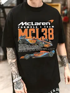 Men's McLaren Formula 1 Team Graphic Print Round Neck Tee, Regular Fit Casual Short Sleeve T-shirt for Daily Wear, Men's Top for All Seasons, Tropical