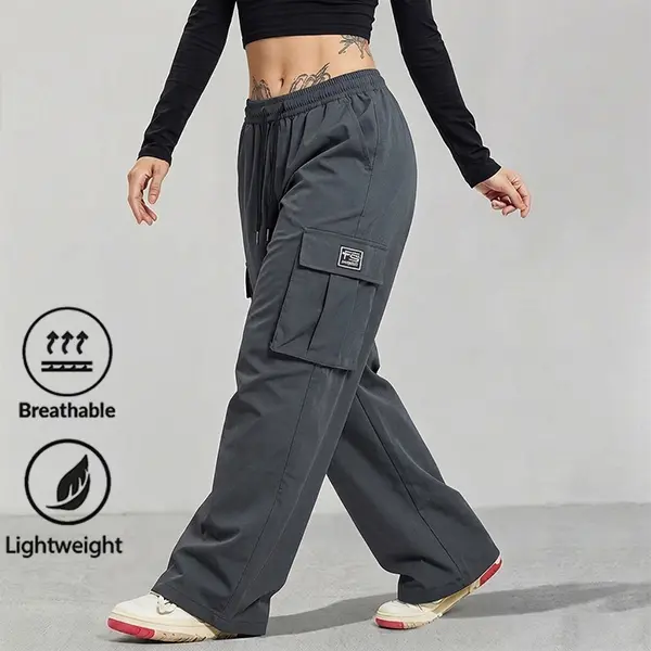 Women’s summer lightweight loose sports pants with multiple pockets - adjustable drawstring waistband, non-stretch fabric, machine washable; lightweight, skin-friendly feel with a smooth touch; suitable for indoor workouts and outdoor activities in summer