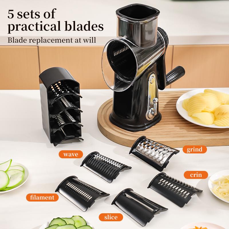 Rotary Cheese Grater with Handle 5 in 1 Vegetable Shredder with 5 Blades, Strong Suction Base, Round Mandoline Slicer & Blade Storage Box Kitchen Steel Stainless Utensils Curve Smooth