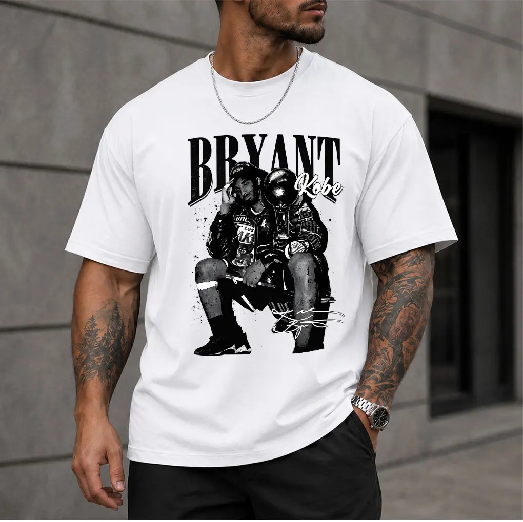 Men's Classic Retro Kobe Bryant Graphic Cotton Round Neck T-Shirt - Basketball Legend Menswear, Breathable Soft Short-Sleeve, Elegant Casual Fan Top for Office Use