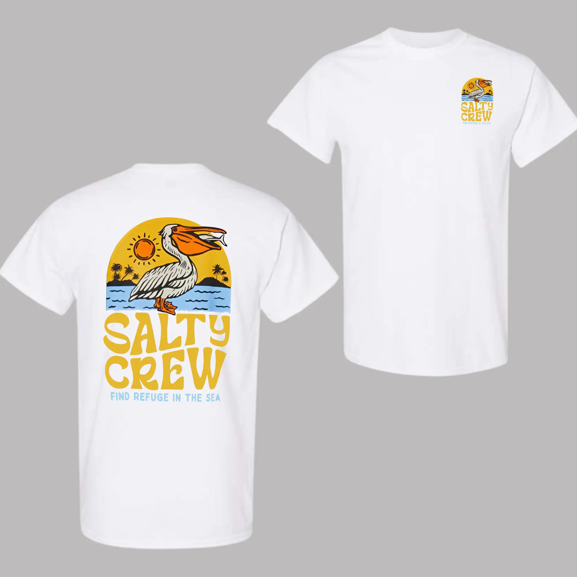 Salty Crew Sunset Pelican T-Shirt, Bold Beach Graphic with Seaside Pelican, Ocean Waves, and Tropical Vibes, Perfect for Surfers, Ocean Lovers, and Coastal Adventurers, Trendy Shirt