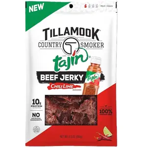Tillamook Beef Jerky, Country Smoker Beef Jerky with Chili Lime Tajin Seasoning, Low Carb & High Protein, Ready to Eat Keto Snack, Savory & Tangy Flavor, Mildly Spicy Snacks, 6.5 oz