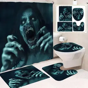 4pcs Horror Zombie Bathroom Set with Shower Curtain, Non-Slip Mat, U-Shaped Carpet & Toilet Cover - 12 Hooks Included, Realistic Female Zombie Print (Green/Blue) - Durable Spooky Decor for Halloween & Year-Round Bath