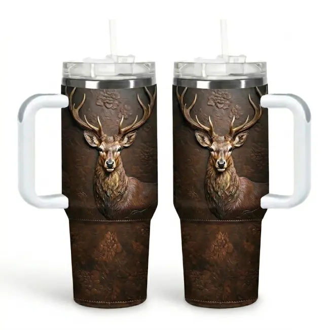 40oz/1pc Deer Print Animals-Themed Stainless Steel Vacuum Flask - Casual Everyday Portable Water Bottle with Lid, Straw, Handle - Car-Suitable Winter/Summer Beverage Container, Ideal Hunter Gift, Hunters