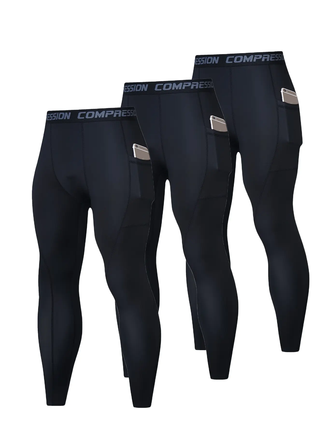3 Pack Men's Compression Pants with Phone Pocket, Running Basketball Athletic Leggings with Pockets, Quick Drying & Breathable Sports Base Layer Tights, Workout Tights, Activewear Bottoms, Athletic Sportswear, Activewear For Fitness