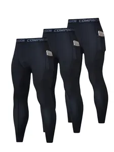 3 Pack Men's Compression Pants with Phone Pocket, Running Basketball Athletic Leggings, Quick Drying & Breathable Sports Base Layer Tights