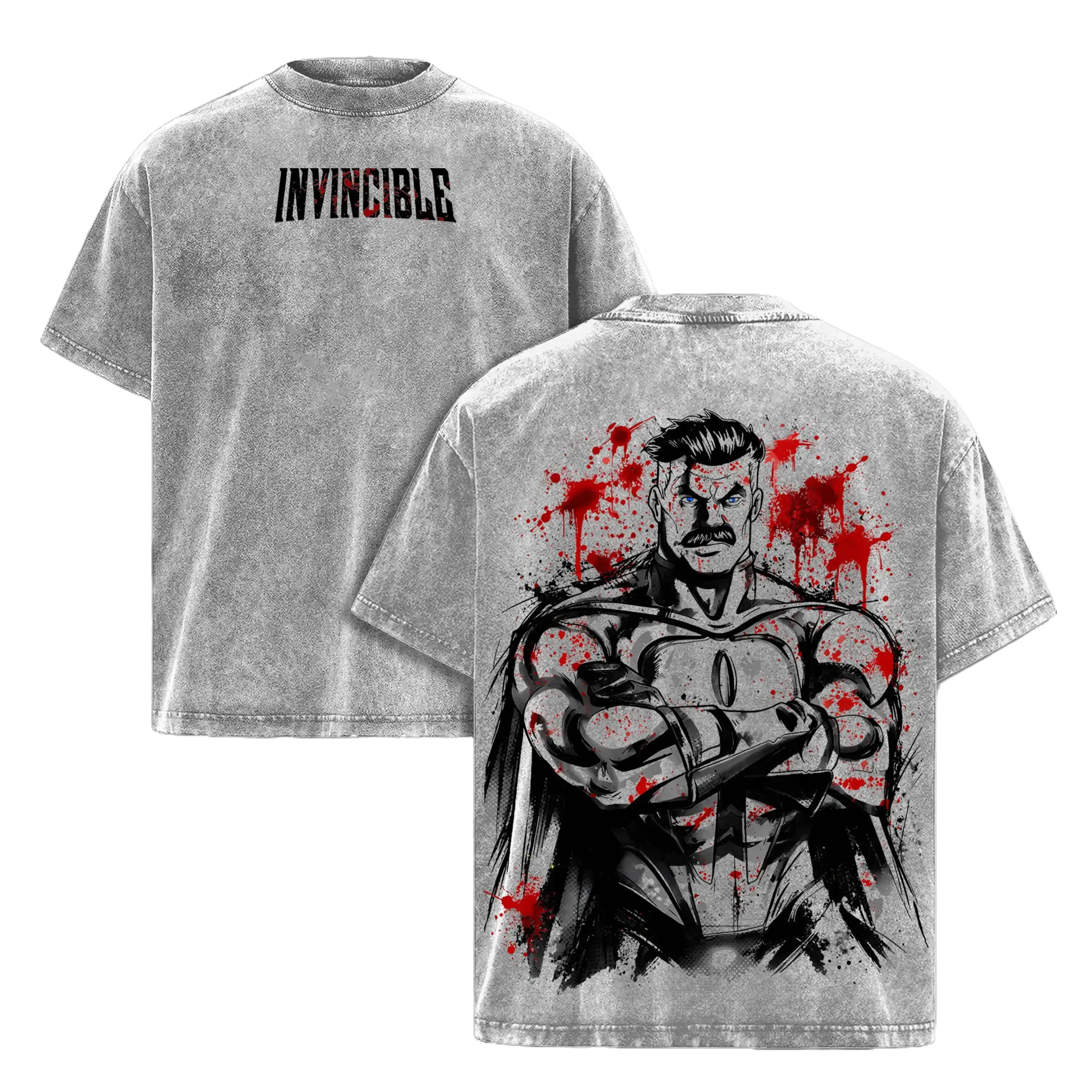 Omni-Man Washed Tee – Invincible Viltrumite Warrior Anime Graphic Double Printed T-Shirt, Menswear Heavy Cotton Unisex Oversize Streetwear Vintage Retro