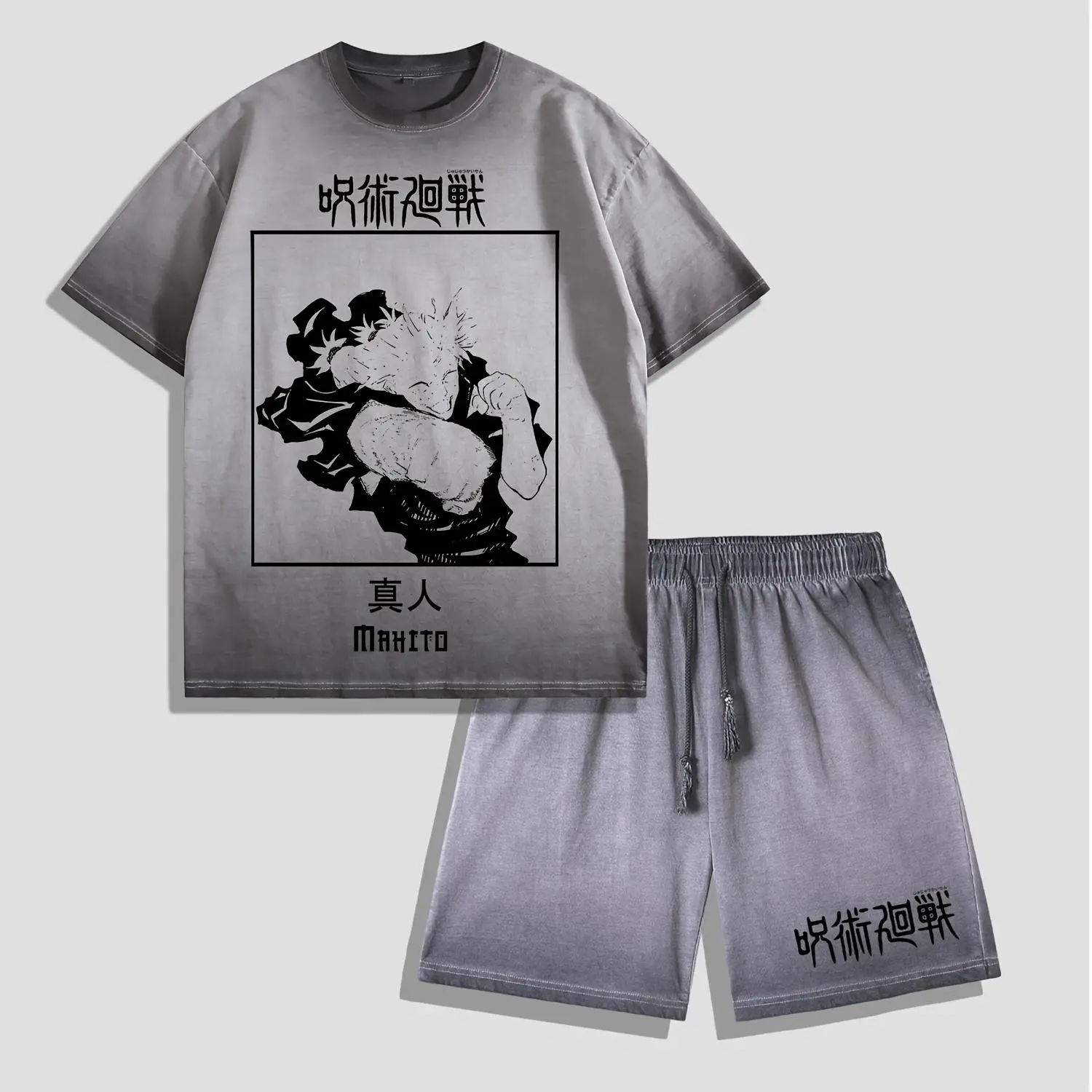 Jujutsu Kaisen Mahito Washed T-Shirt Shorts Set, Vintage Anime Streetwear, Oversized Idle Transfiguration Graphic Tee