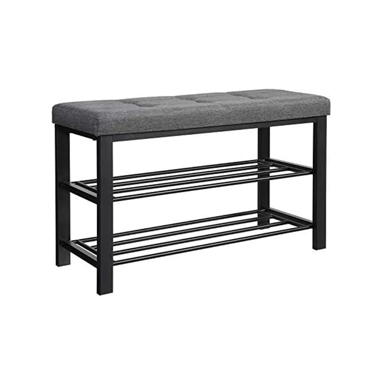 SONGMICS Black 3-Tier Metal Frame Shoe Organiser with Gray Cushion, 31.9x12.2x19.3" Entryway Shoe Storage Rack, Foam Seat