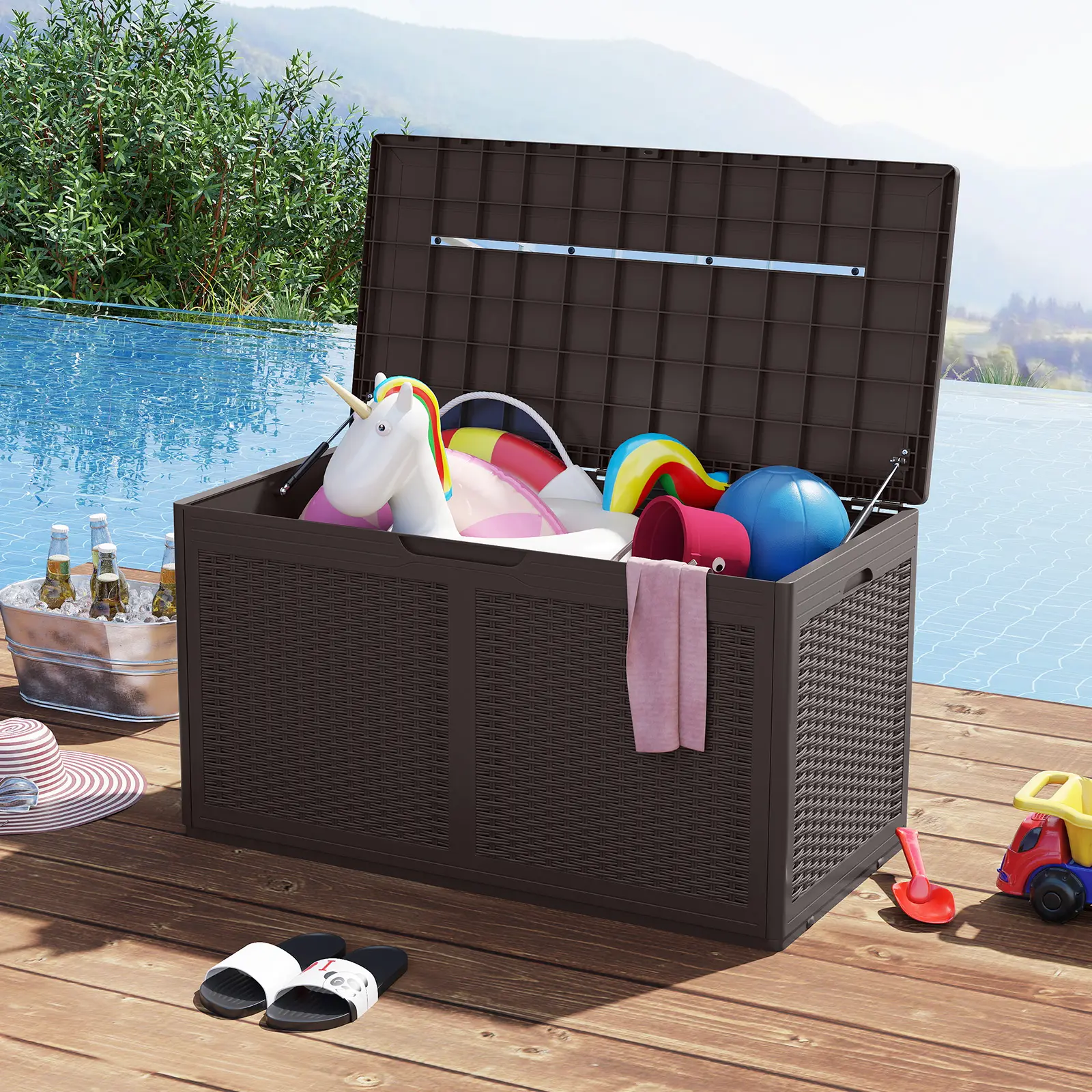 COSTWAY - 100 Gallon Resin Deck Box Outdoor Waterproof Storage Bench-Brown