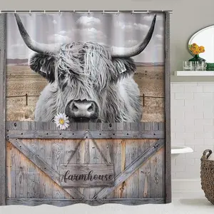 Vintage Farm Style Shower Curtain Set, Creative Highland Cow & Wood Grain Fence, Includes 12 Hooks, Bathroom Decor, Holiday Gift