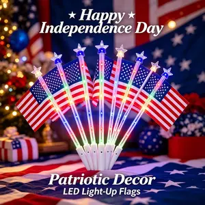 Set of 6 or 8 LED American Flag Wands, Independence Day-themed handheld flags with colorful lights and star-shaped toppers, perfect for Independence Day parties, parades, Memorial Day, and all kinds of patriotic events