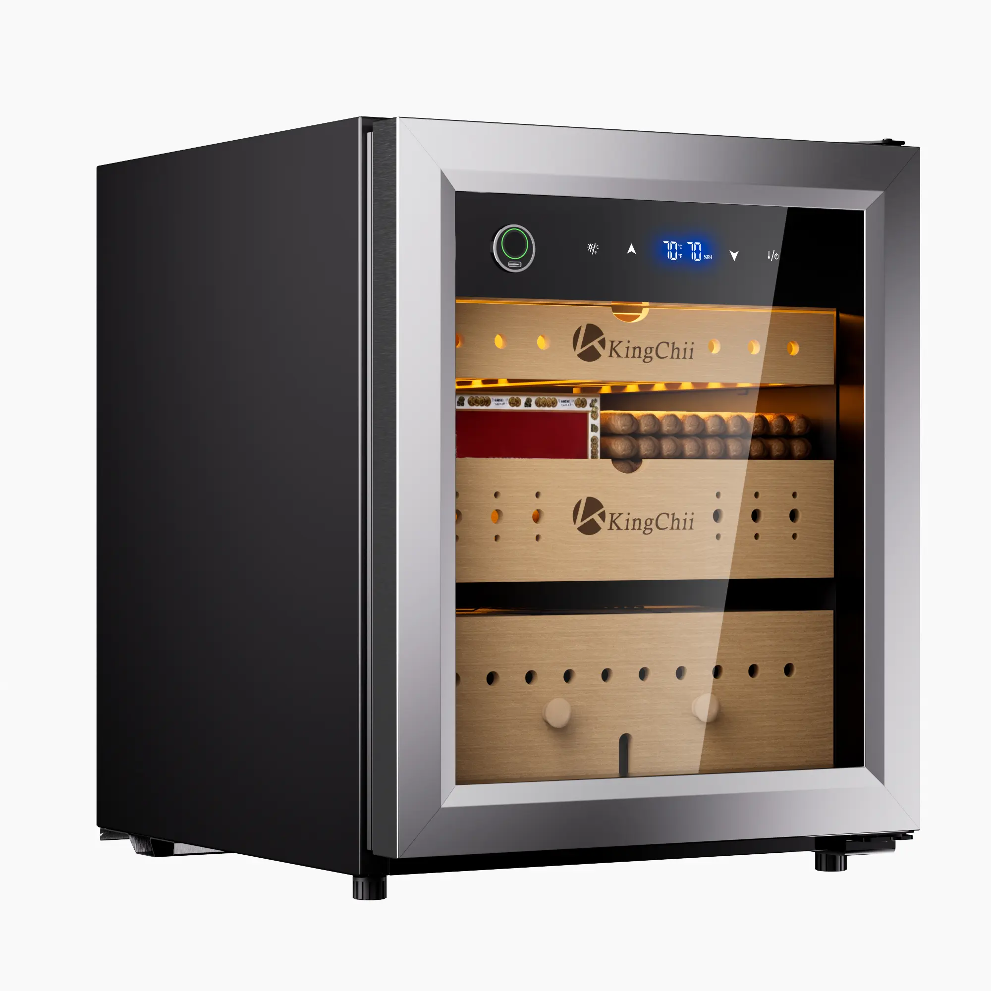 KingChii 50L Electric Compression Cigar Humidor, Temperature & Humidity Control Cabinet, Built-in Fingerprint Lock with Spanish Cedar Wood Shelves & Drawer Hygrometer for Lounge/Home Use-300 Capacity
