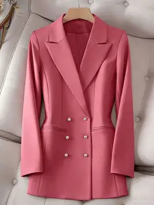 A women's peach-colored half-single-breasted pearl double-pocket suit jacket with a regular shoulder top, suitable for spring and autumn suitable for daily commuting, home wear, and light business.