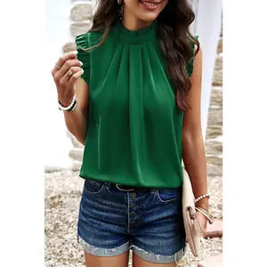 Bright Green Pleated Mock Neck Frilled Trim Sleeveless Top