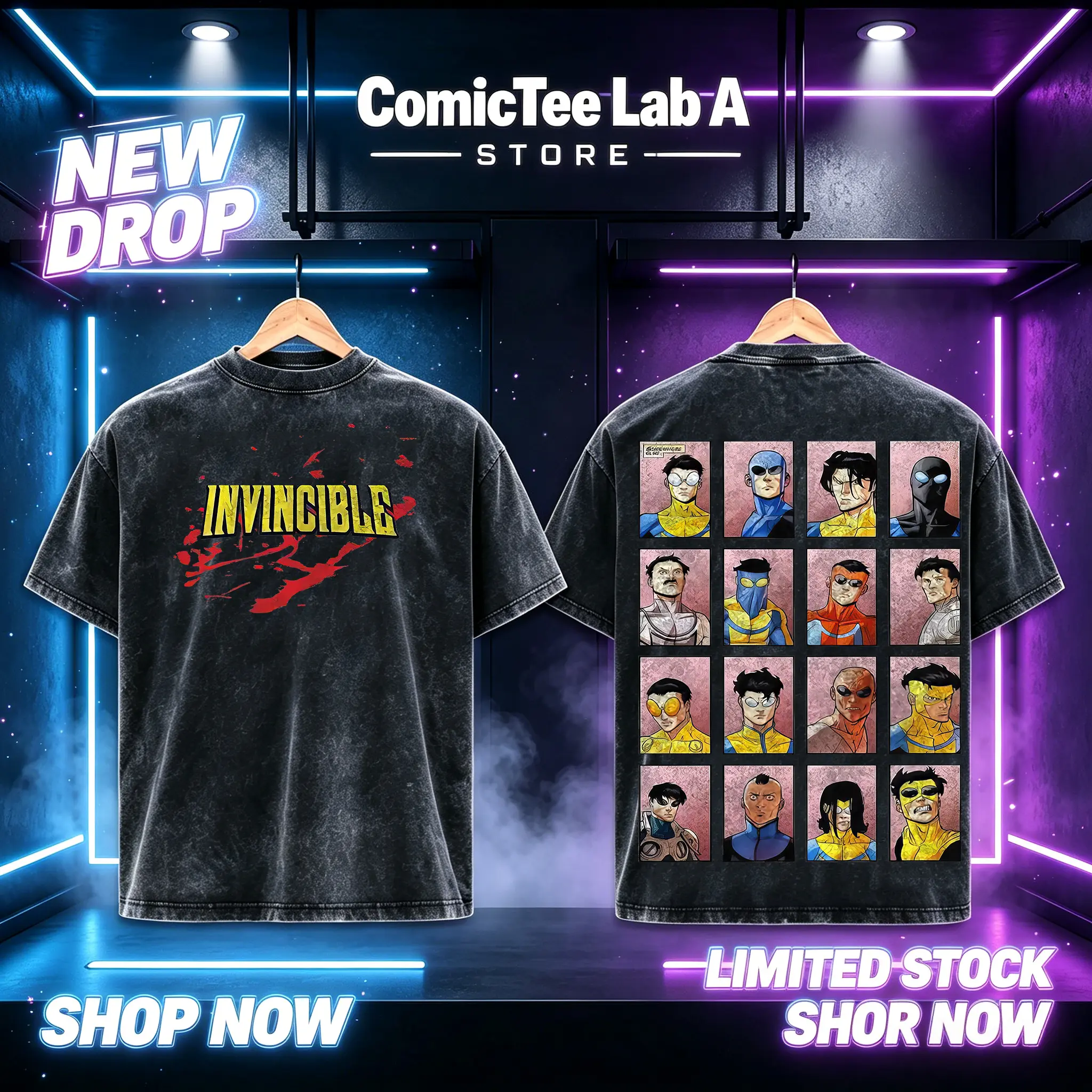 Retro Distressed Heavy Cotton Invincible Tee Double Side Design Front Bloody Invincible Logo Back All Main Hero Cast Grid Art Oversized Casual Street Top Invincible Cartoon Merch For Men invincible Tshirt Menswear Crewneck