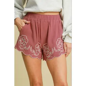 Umgee Full Size Linen Blend Shorts with Floral Embroidered Details Plus Size