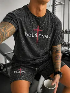 New Men's Summer Sporty Casual Set, Boston Design Letter Print Drawstring Waist Shorts, Comfortable Fitted Suit for Daily Wear