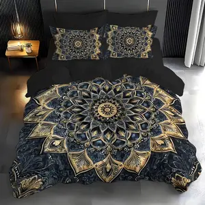 3 sets of retro palace black gold mandala totem printed duvet covers, Bed Sets Supplies, made of polyester material, with 1 duvet cover and 2 pillowcases (unfilled), featuring fashionable patterns for four seasons home and dormitory