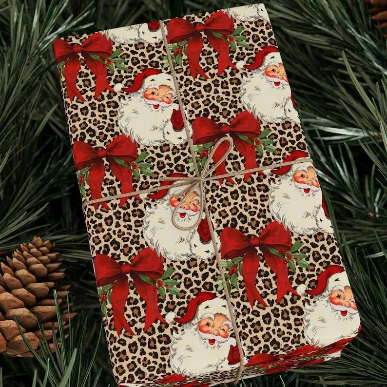Leopard Santa and Red Bow Christmas Wrapping Paper, Vintage Santa Holiday Gift Wrap, Festive Red Coquette Bow Giftwrap Unique Christmas Wrap