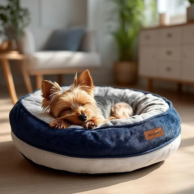 Deconovo Calming Round Donut Dog Bed for Small Dogs - Waterproof, Washable Cover, 26D Egg Crate Polyurethane Foam, Slip-Resistant Bottom, Anti-Tear Zipper, Stress Relief, Modern Neutral Look for Indoor Deep Rest, Machine Wash