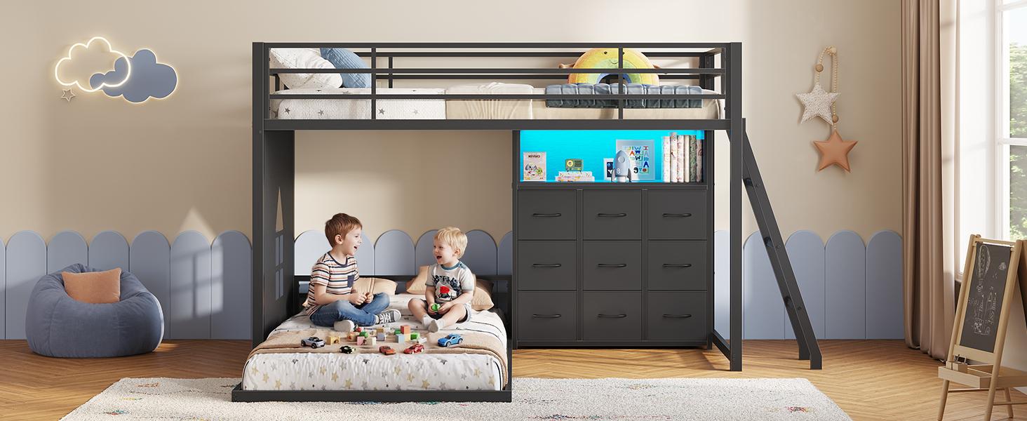 Hasuit Twin Over Twin Bunk Bed with 9 Storage Drawers, Twin Bunk Beds for Kids with LED Lights and Charging Station