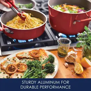 Rachael Ray Cucina Nonstick Cookware Pots and Pans Set, 12 Piece, Cranberry Red Colorful Stylish Silicone Glass Aluminium Handles Lids Porcelain