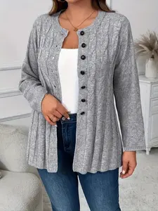 Plus Size Women's Solid Color Long Sleeve Button Front Knitted Cardigan, Casual Fitted Knitwear for Fall & Winter, Comfortable Moderate Fabric