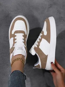 Women's Korean Style Low Top Training Shoes, Colorblock PU Leather, Comfortable Eva Sole, Casual All-Season Colorblock Patchwork Sneakers, Perfect for Daily Wear, Trendy Walking Sneakers