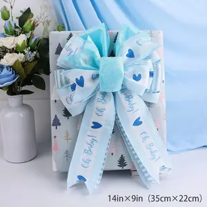 1 Large 14in×9in（35cm×22cm） Pre-tied Wired Edge Ribbon Bow – Baby Shower & Gender Reveal Party Decoration, Ready to Use for Baptism, Gift Topper, Wall Decor (Pink/Blue)