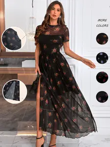 Women's Floral Print Sheer Split Thigh Maxi Dress, Gothic Vintage Short Sleeve Round Neck A Line Dress for Party Holiday Wedding Guest, Ladies Clothes for All Seasons