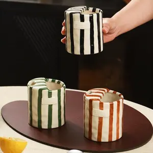 Creative Vintage Striped Hand-Painted Ceramic Mug, Heat Resistant Non-Slip, Dual-Use Cup for Milk Coffee Juice Latte Cocoa Oatmeal, Coffee Mugs