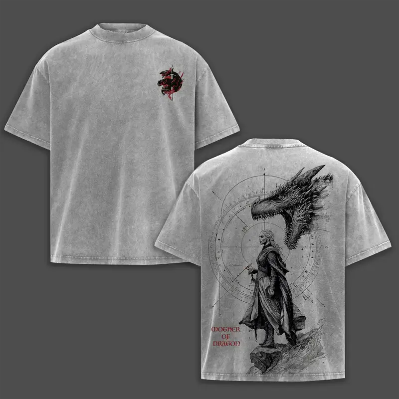 Daenerys Targaryen Mother Of Dragon T-Shirt Washed, Game of Thrones A Knight of the Seven Kingdoms Double Printed Graphic Tee, Vintage Unisex Oversized Streetwear Heavy Cotton Gift for GoT Fans Movie Merch