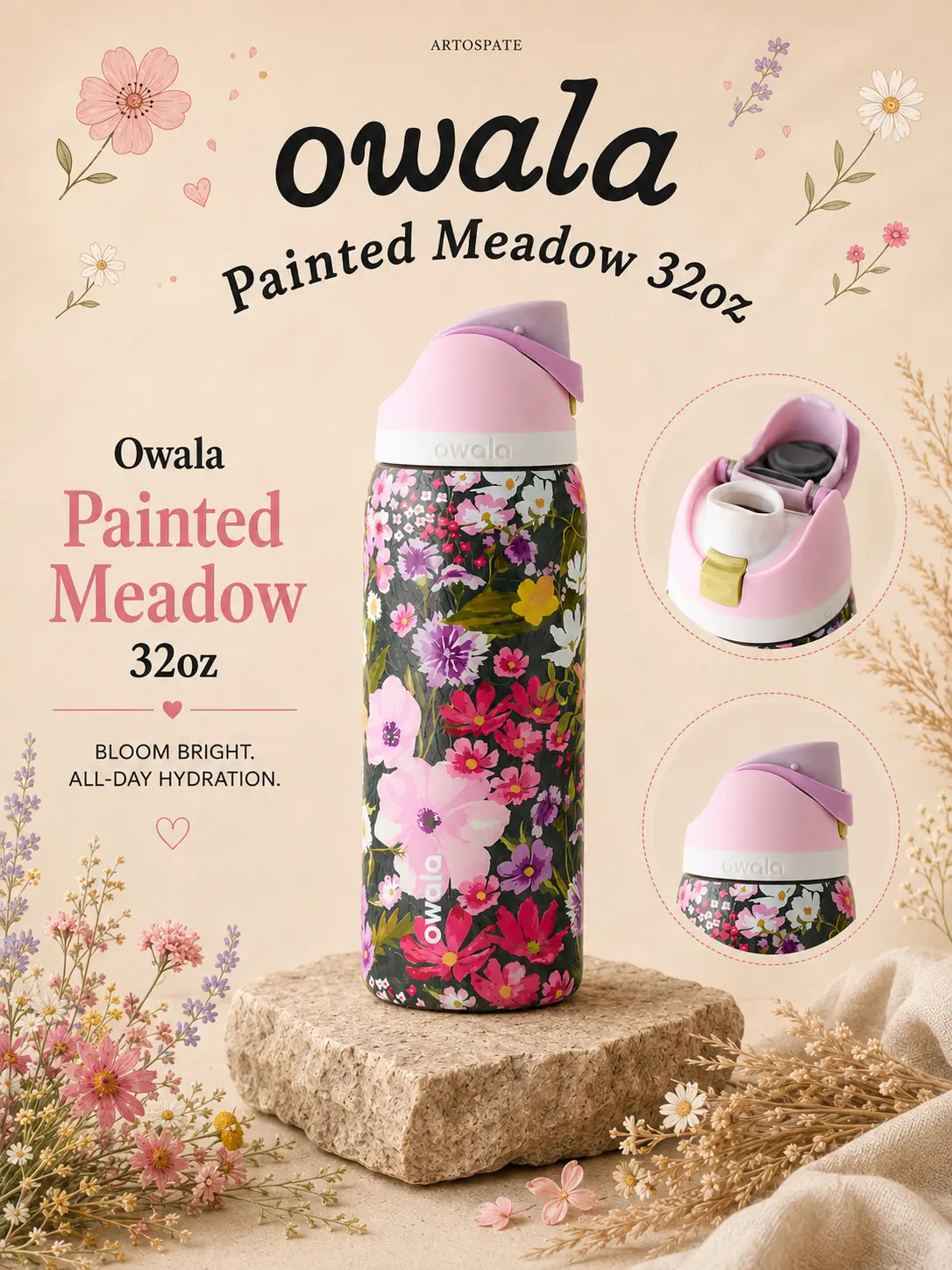 Owala Painted Meadow 32oz FreeSip Water Bottle | Owala Flower, Wildflower Garden Insulated Stainless Steel Bottle for School, Work, Travel, Gym & Everyday Hydration