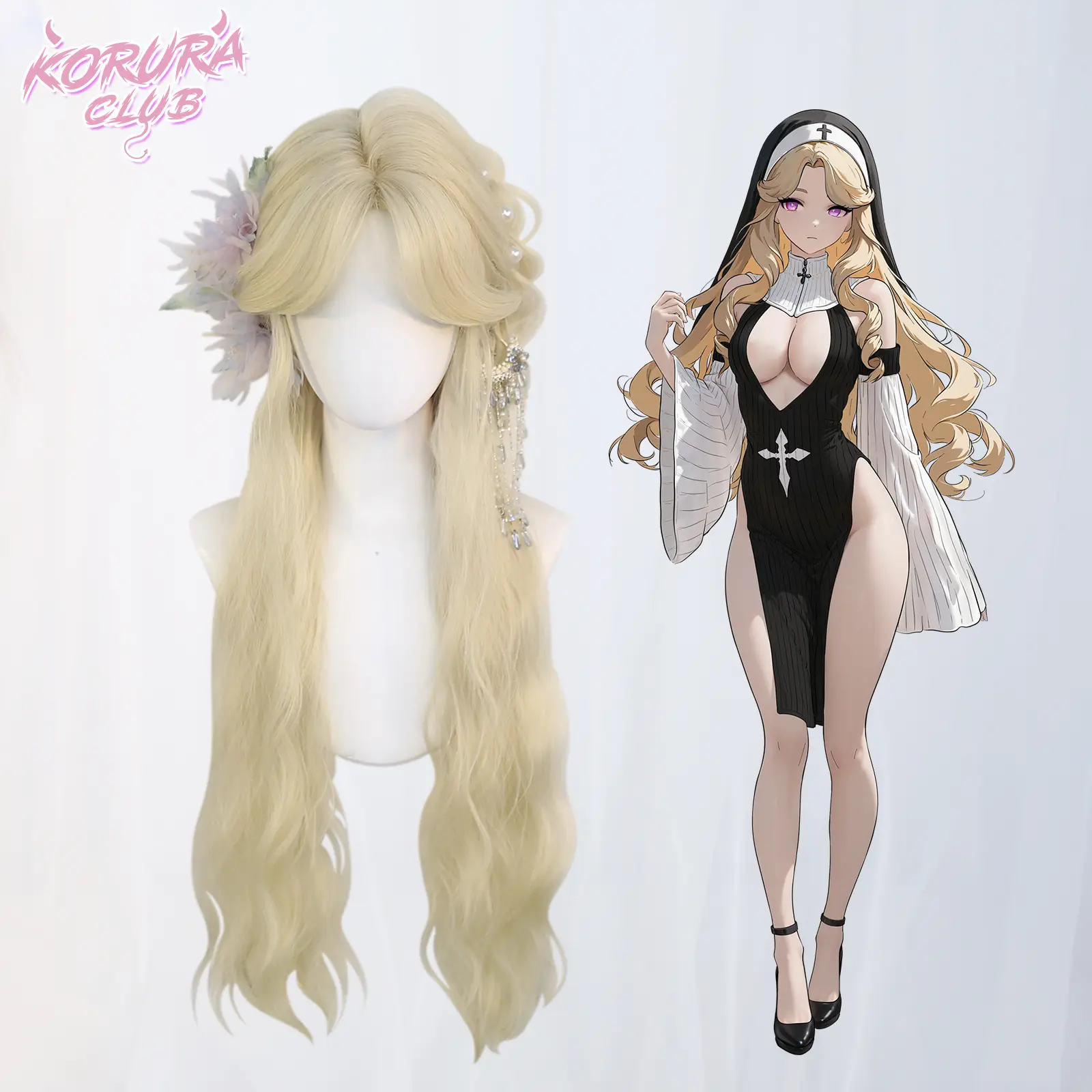 KORURACLUB HanaHime Wig, Japanese Hime Style Synthetic Costume Wig with Floral Motifs for Unisex Cosplayer & Trendy Cute Lolita, Synthetic Costume Wigs
