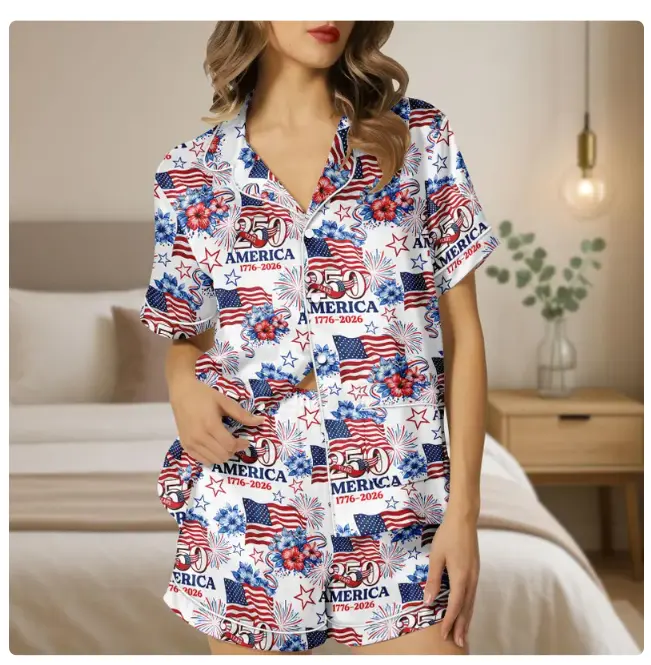 Retro Usa 250 Satin Pajamas, Independence Day Women Pajamas, Celebrate 250th Anniversary Usa Flag Pjs Set, 4th Of July Patriotic Gift, Pajama Family Pajama for her women