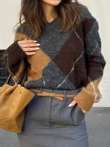 Fashion Casual Argyle Knit V-Neck Loose Long Sleeve Sweater, Fitted Short Style for Fall, Women's Comfortable Pullover