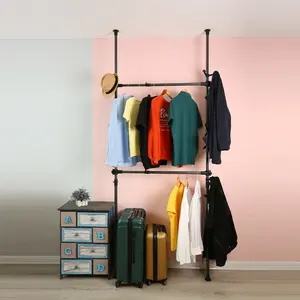 【GOOGREAT】Telescopic Garment Rack, Heavy Duty Design Movable DIY By Hand No Damage to Wall Ceiling Hanging Rail, 31-47in Wide Adjustable, 120 Kilogram Loading, Reach Hook Included,Black