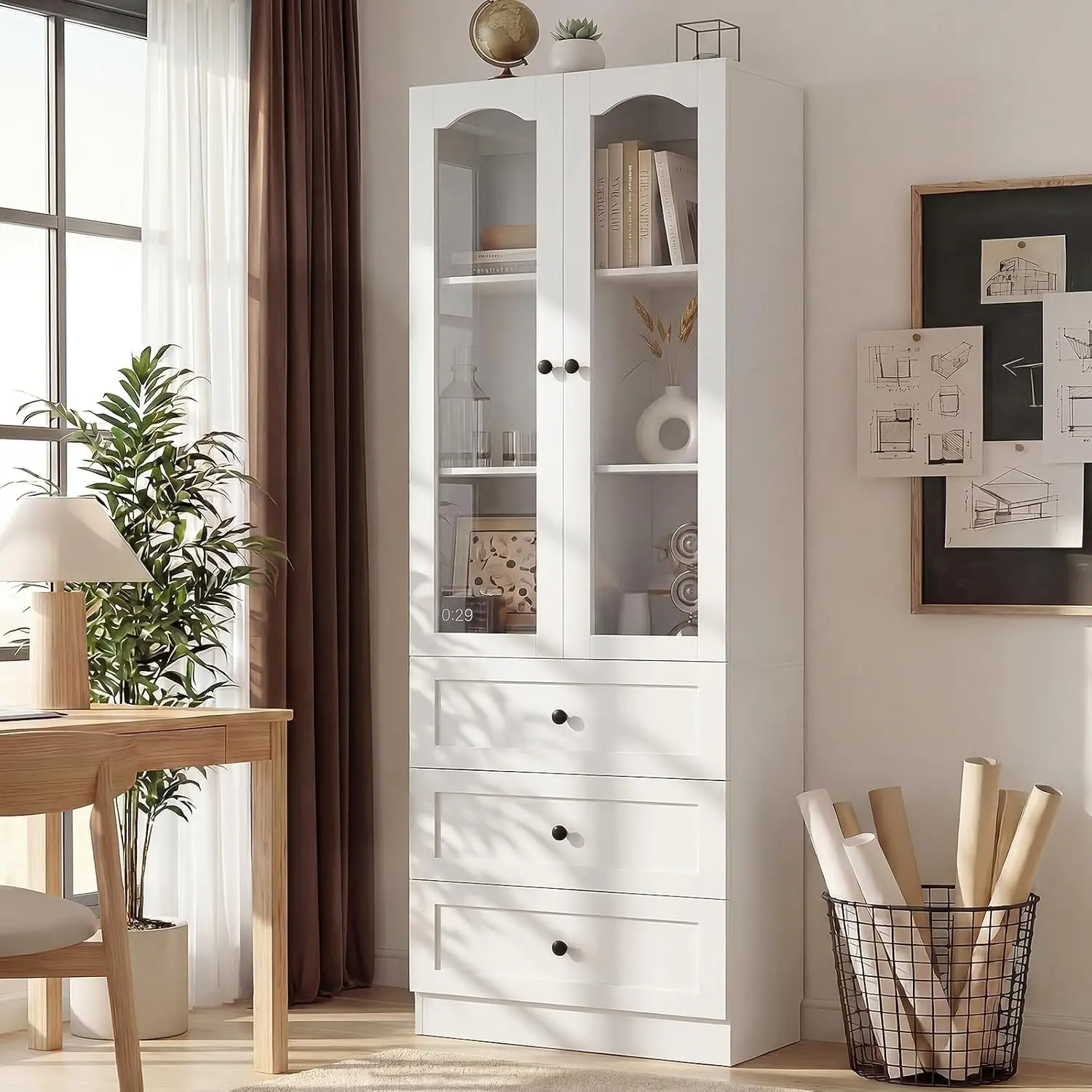 80" Height Sturdy Wood Single Unit Pantry Cabinet - Freestanding Buffet Storage with Glass Doors, 3 Drawers, Adjustable Shelf & Flush-to-Wall Design for Kitchen, Dining Room, Arched Glass