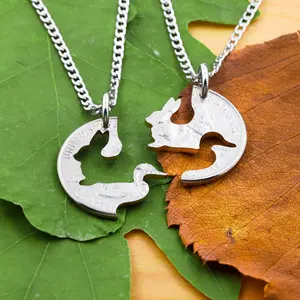 Bunny and Duck Necklaces, Interlocking Couples Necklaces, Animal Jewelry, Hunting Gifts, Hand Cut Coin