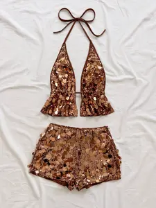 Women's 2-Piece Chic Glitter Sequin Halter Neck Set - Lightweight, Breathable Halter Top & Shorts for Summer Vacation Outfit